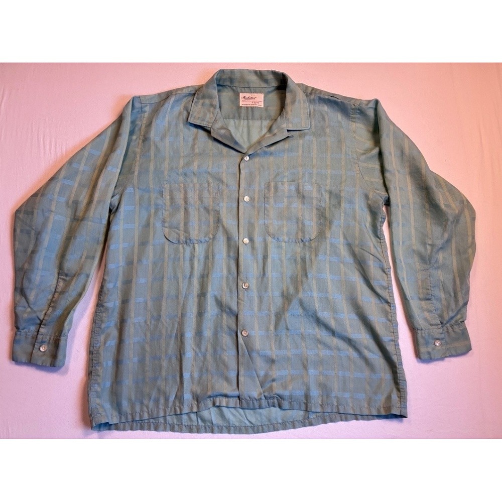 Manhattan Vintage Men's Blue Plaid Long Sleeve Button-Up Shirt L Madaco